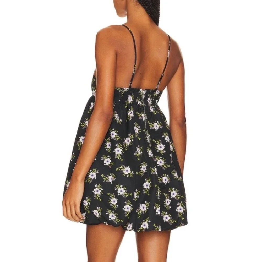 Free People In A Bubble Mini Dress Size XS Black Floral Bubble Hem Empire Waist
